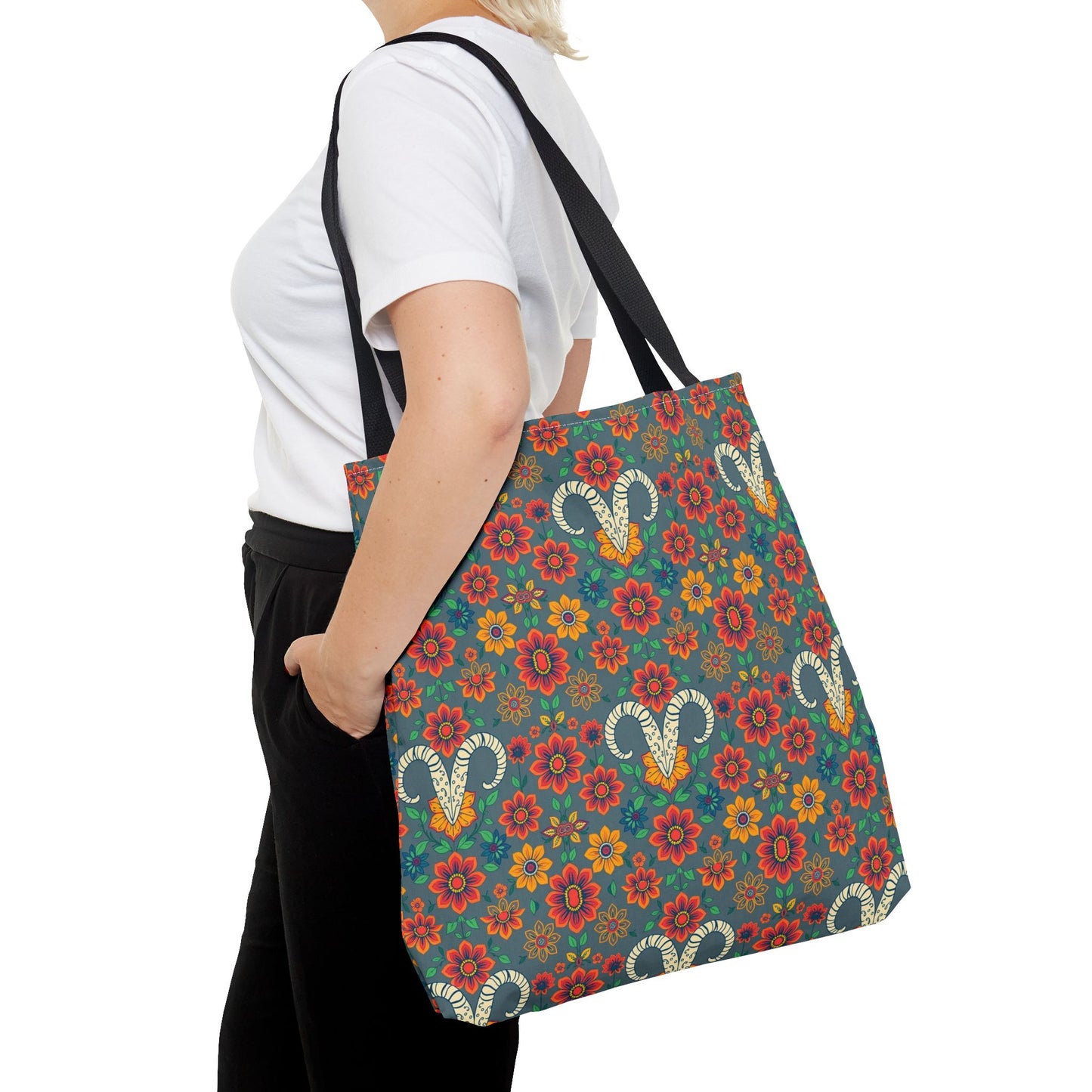 Tote Bag, (AOP), Aries, Zodiac v1, Flower Pattern