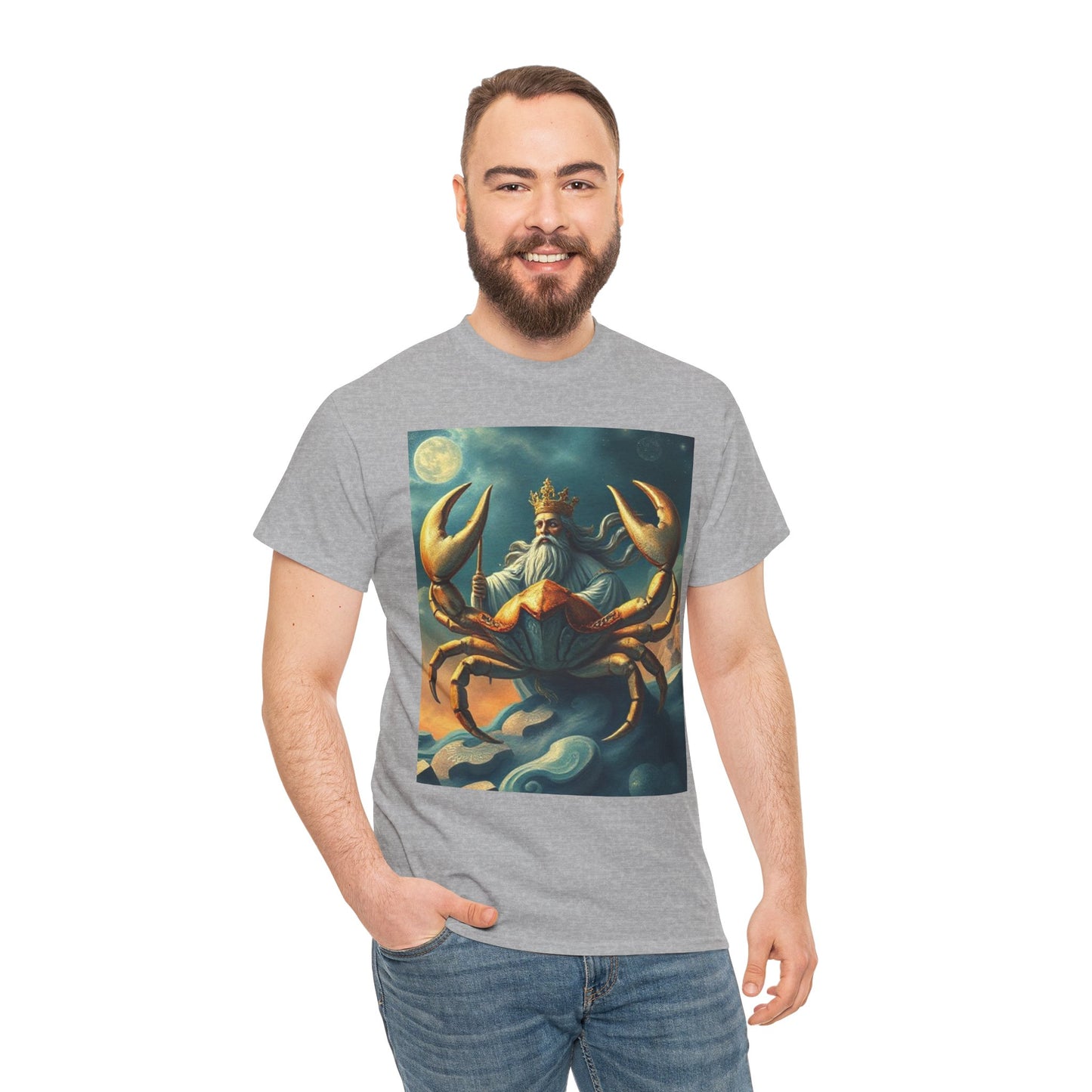 Unisex Heavy Cotton T-Shirt, Crustacean King v1, Cancer Zodiac Design