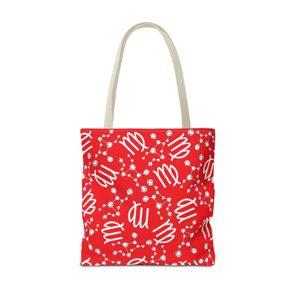 Tote Bag, Virgo Zodiac Sign, AOP, (Red, White)