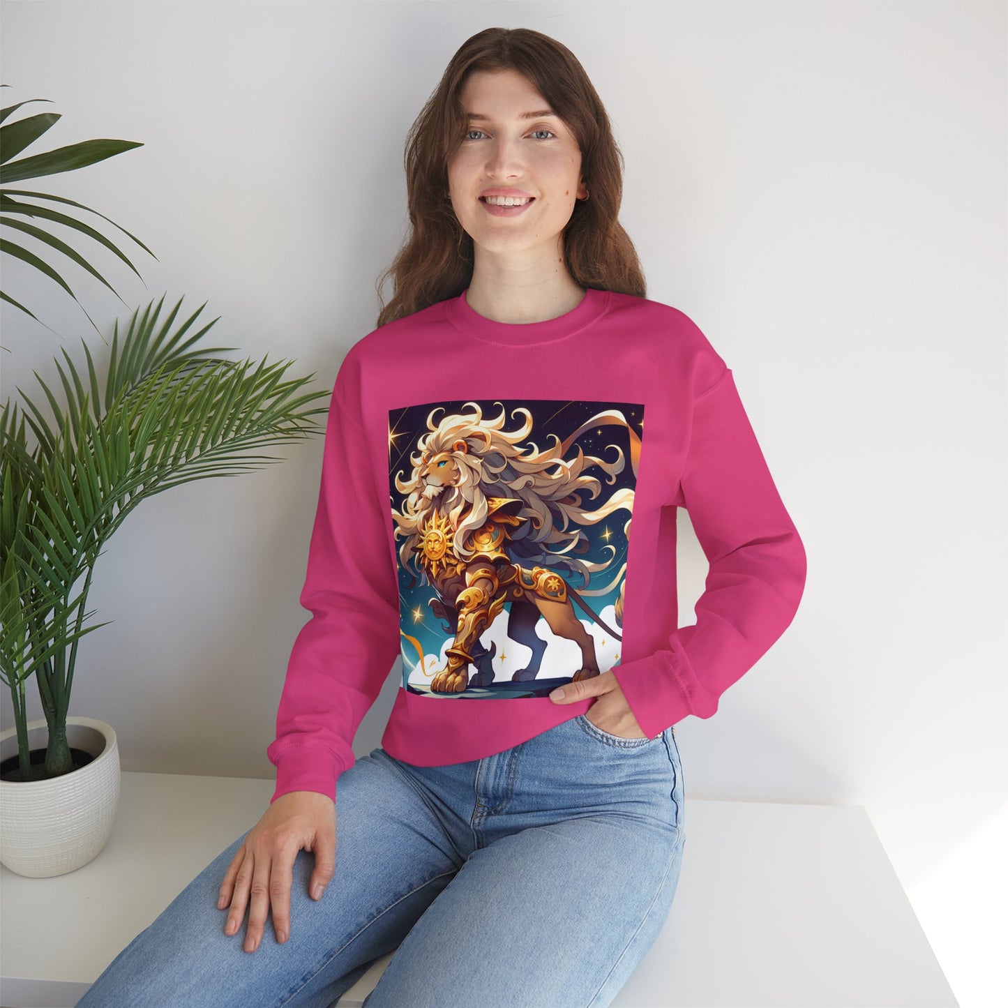 Unisex Heavy Blend™ Crewneck Sweatshirt,Cool Lion with White Hair, Leo Zodiac Design
