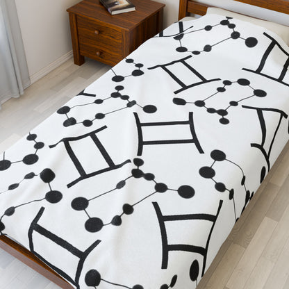 Velveteen Plush Blanket, Gemini Zodiac Sign, Constellation & Symbol, White, 100% polyester