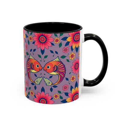 Accent Coffee Mug, Pisces, Zodiac v2, Flower Pattern, (11, 15oz)