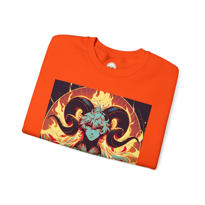 Unisex Heavy Blend™ Crewneck Sweatshirt, Anime Fire Aries, Zodiac Design