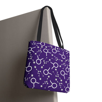 Tote Bag, Taurus Zodiac Sign, AOP, (Purple, White)