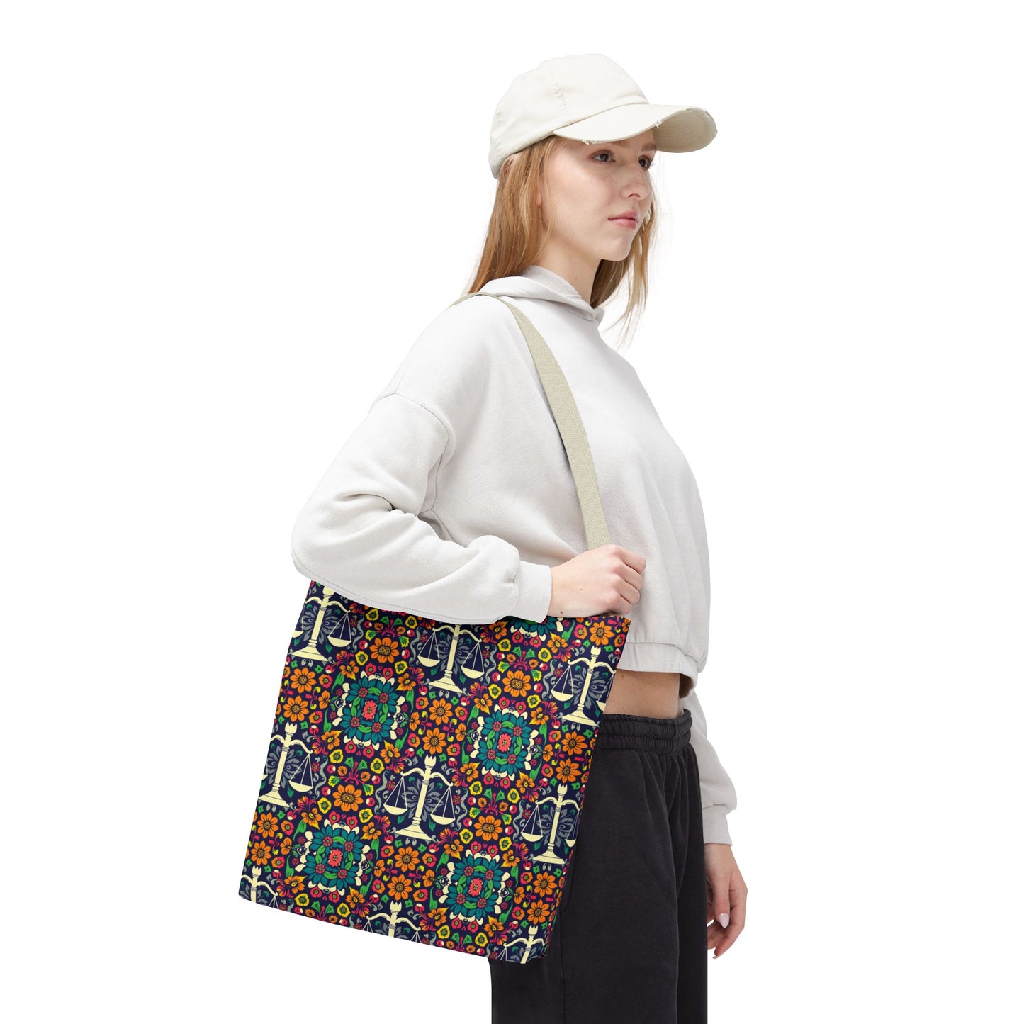 Tote Bag, (AOP), Libra, Zodiac v1, Flower Pattern