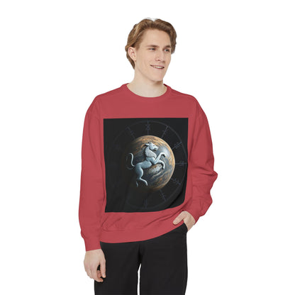 Garment-Dyed Sweatshirt, Unisex, Space Animal Design, Aquarius
