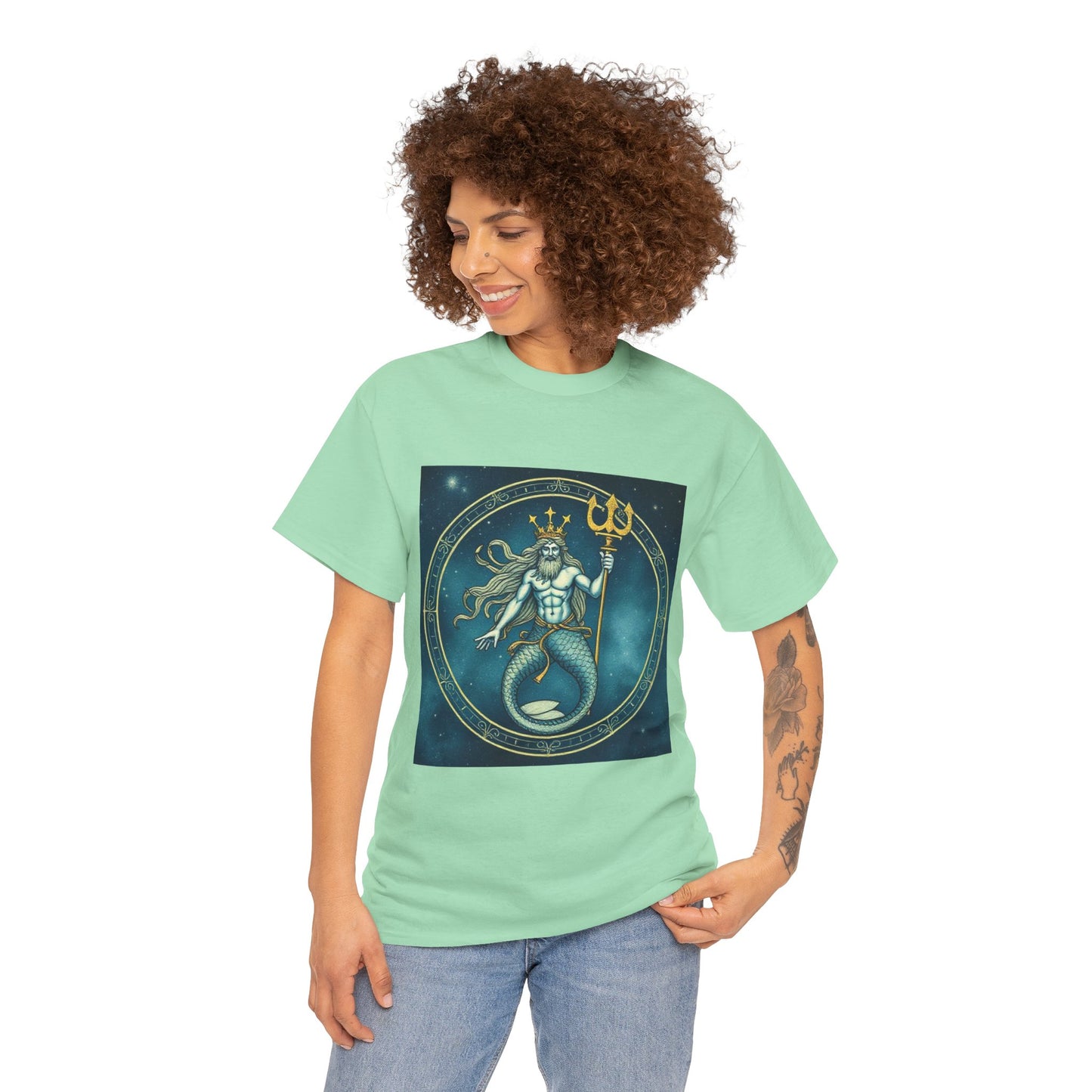 Unisex Heavy Cotton T-Shirt, Aquarius God 5v, Zodiac Design