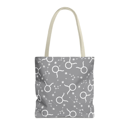 Tote Bag, Taurus Zodiac Sign, AOP, (Grey, White)