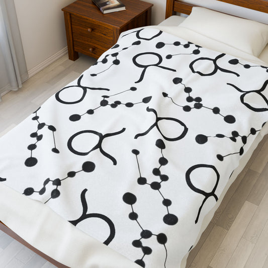 Velveteen Plush Blanket, Taurus Zodiac Sign, Constellation & Symbol, White, 100% polyester