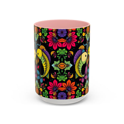 Accent Coffee Mug, Pisces, Zodiac v3, Flower Pattern, (11, 15oz)
