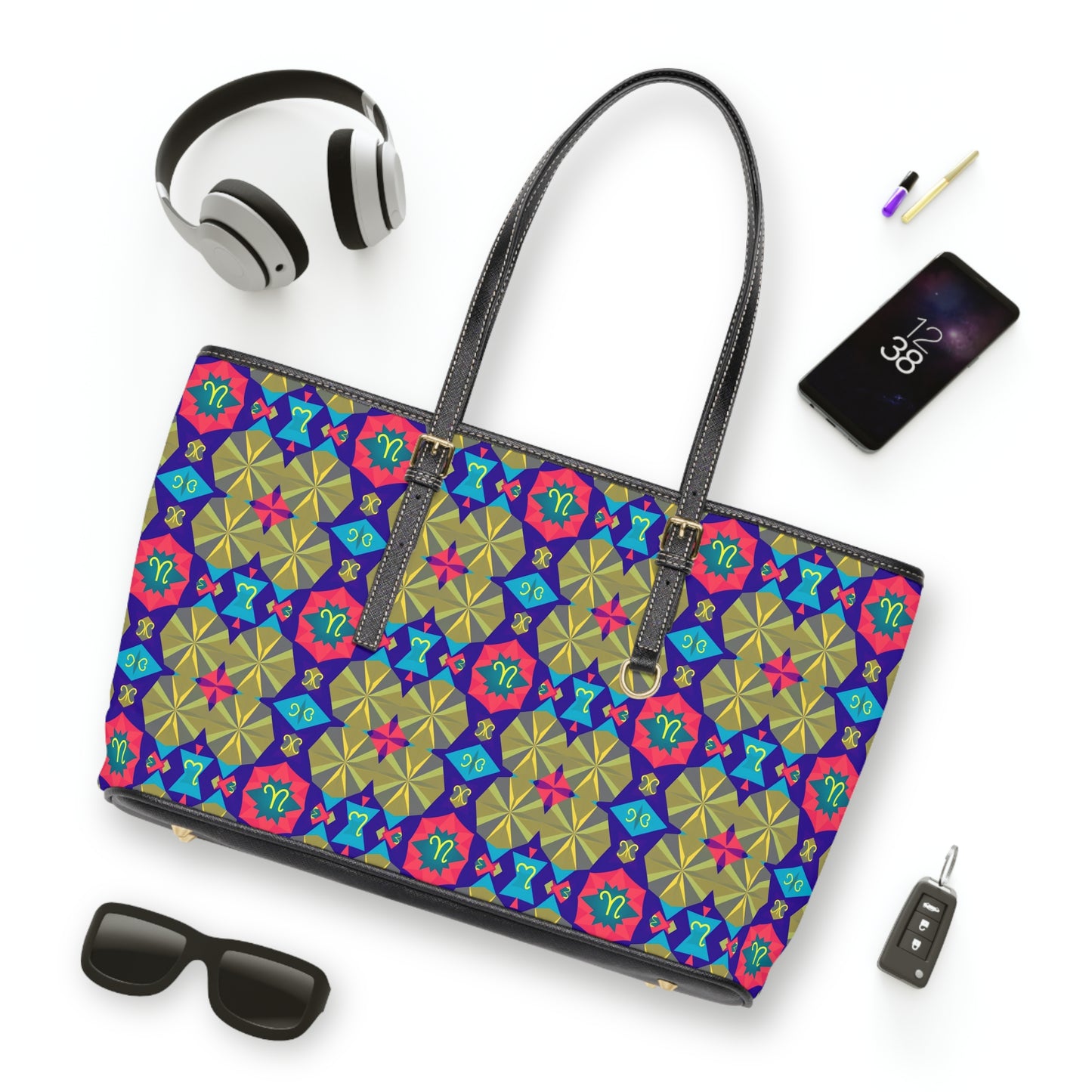 Leather Shoulder Bag, Aquarius, Zodiac v3, Shapes Pattern