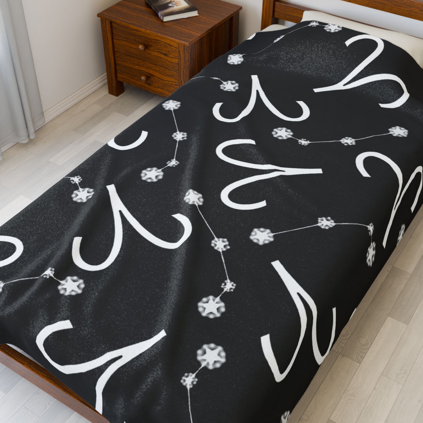 Velveteen Plush Blanket, Aries Zodiac Sign, Constellation & Symbol, Black, 100% polyester