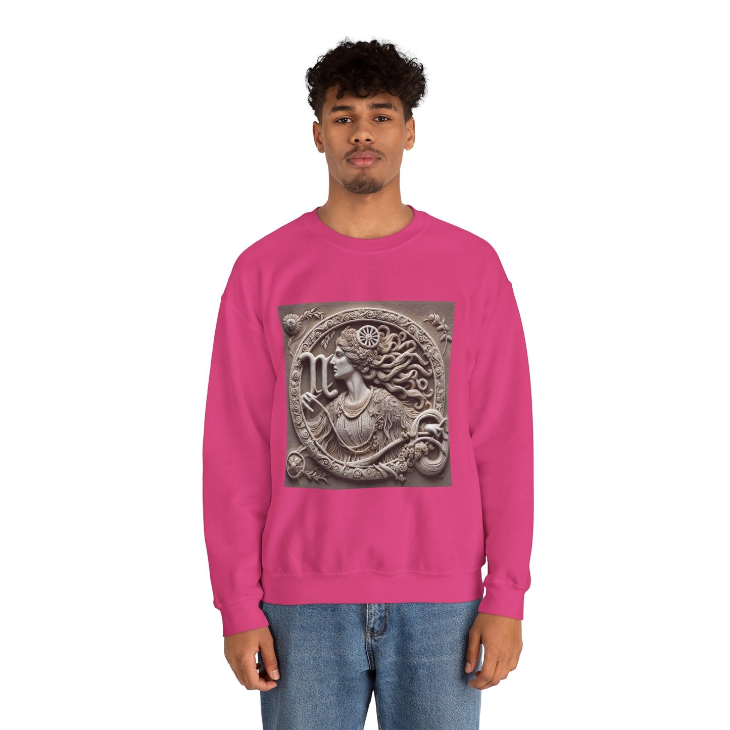 Unisex Heavy Blend™ Crewneck Sweatshirt, Stone Carving, Virgo Zodiac Design