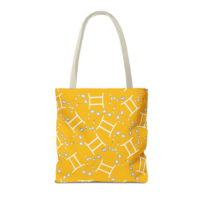 Tote Bag, Gemini Zodiac Sign, AOP, (Yellow, White Print)