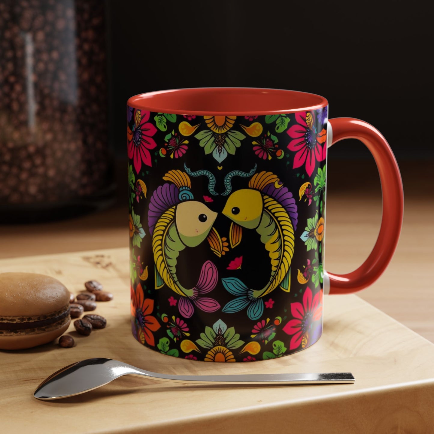 Accent Coffee Mug, Pisces, Zodiac v3, Flower Pattern, (11, 15oz)
