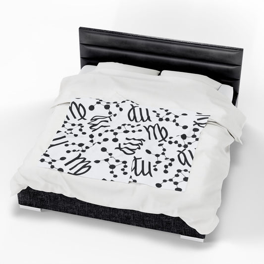 Velveteen Plush Blanket, Virgo Zodiac Sign, Constellation & Symbol, White, 100% polyester
