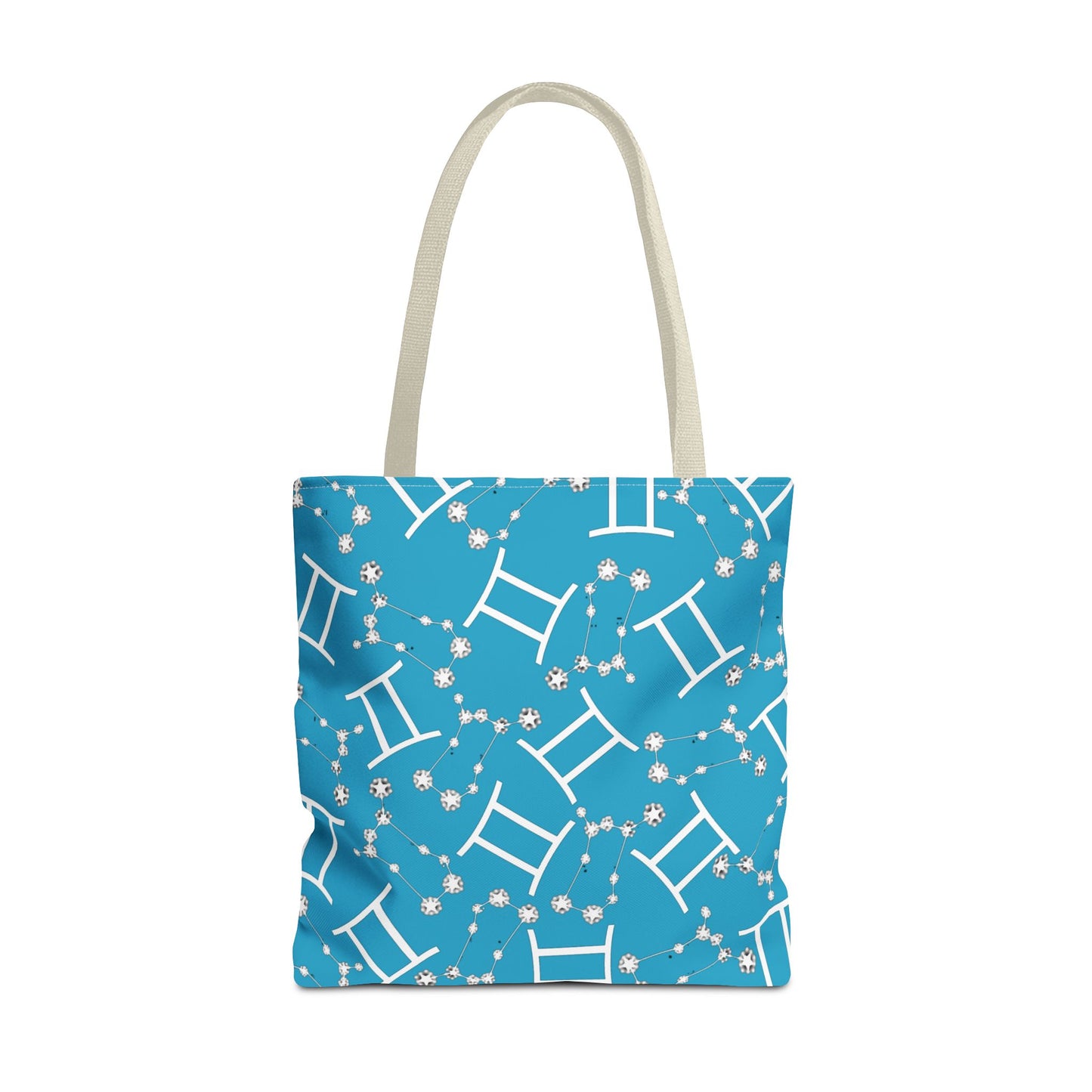 Tote Bag, Gemini Zodiac Sign, AOP, (Turquoise, White Print)