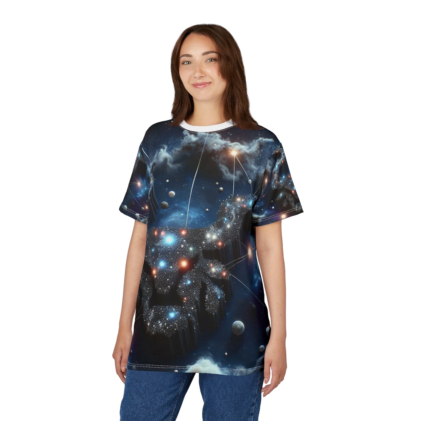 Unisex Cut & Sew T-Shirt (AOP), Space Bull Head, Taurus Zodiac Design, Regular fit, 100% Polyester