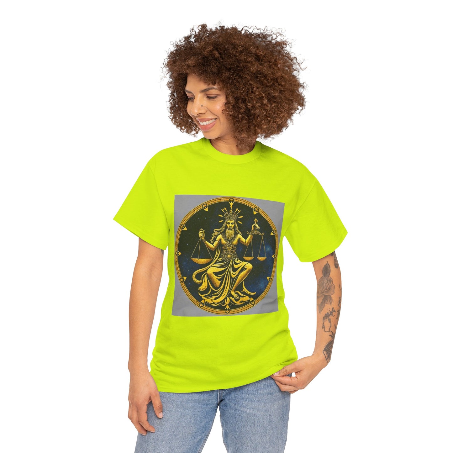 Unisex Heavy Cotton T-Shirt, Gold v1, Libra God, Zodiac Design