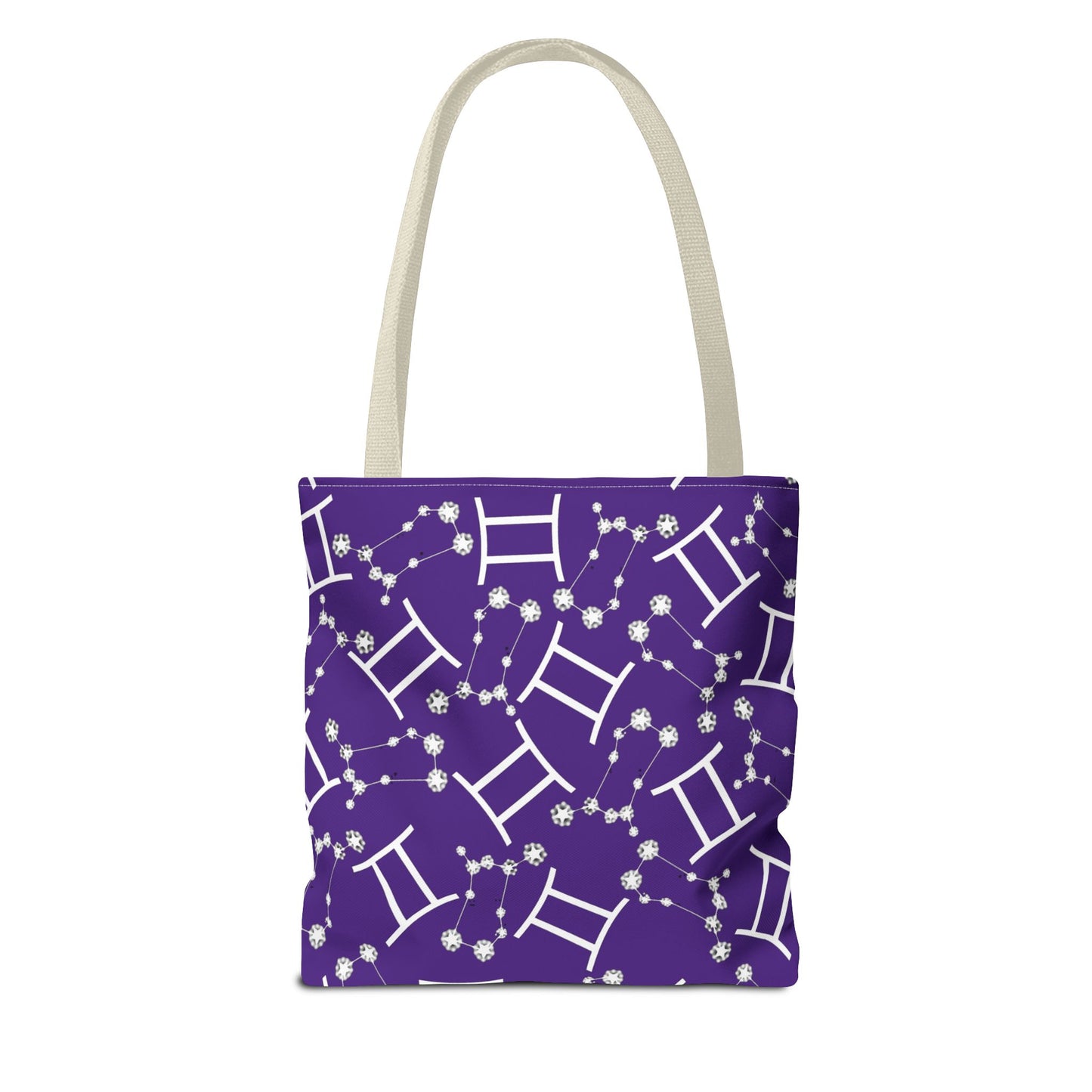 Tote Bag, Gemini Zodiac Sign, AOP, (Purple, White Print)