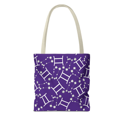 Tote Bag, Gemini Zodiac Sign, AOP, (Purple, White Print)
