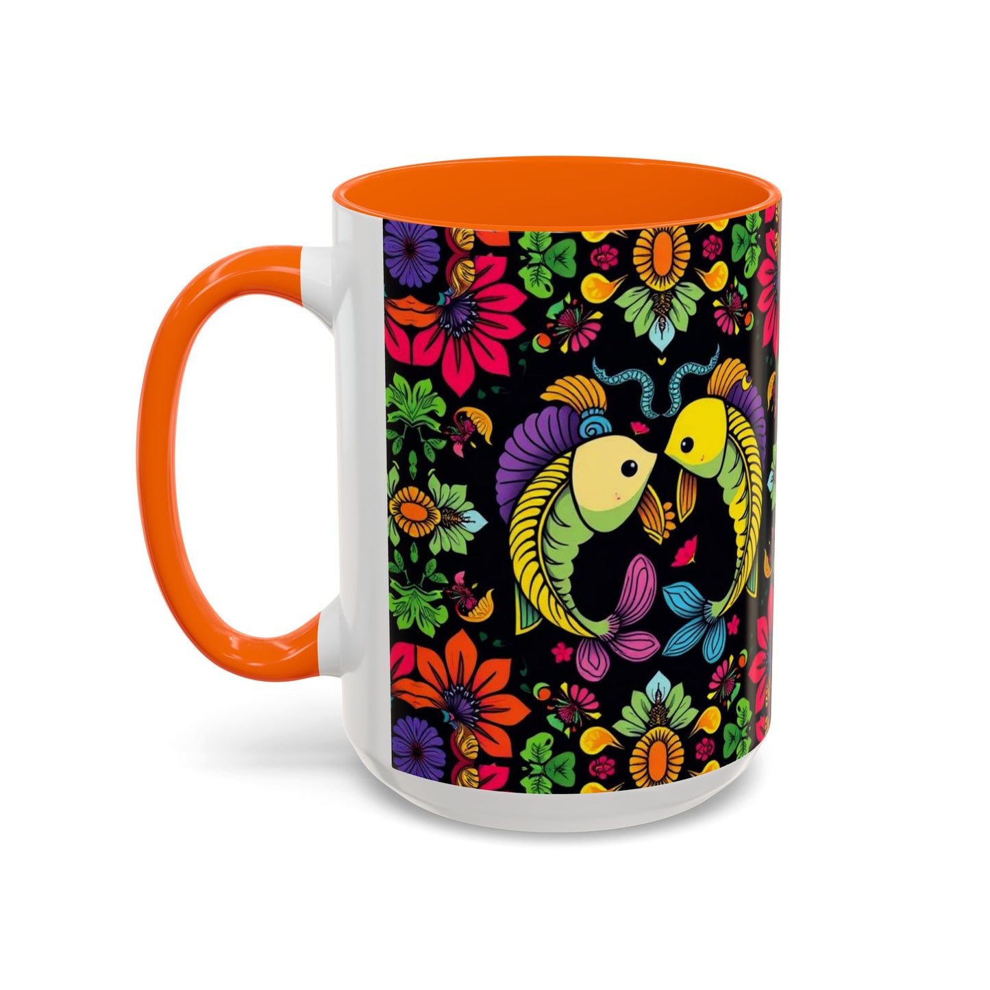Accent Coffee Mug, Pisces, Zodiac v3, Flower Pattern, (11, 15oz)