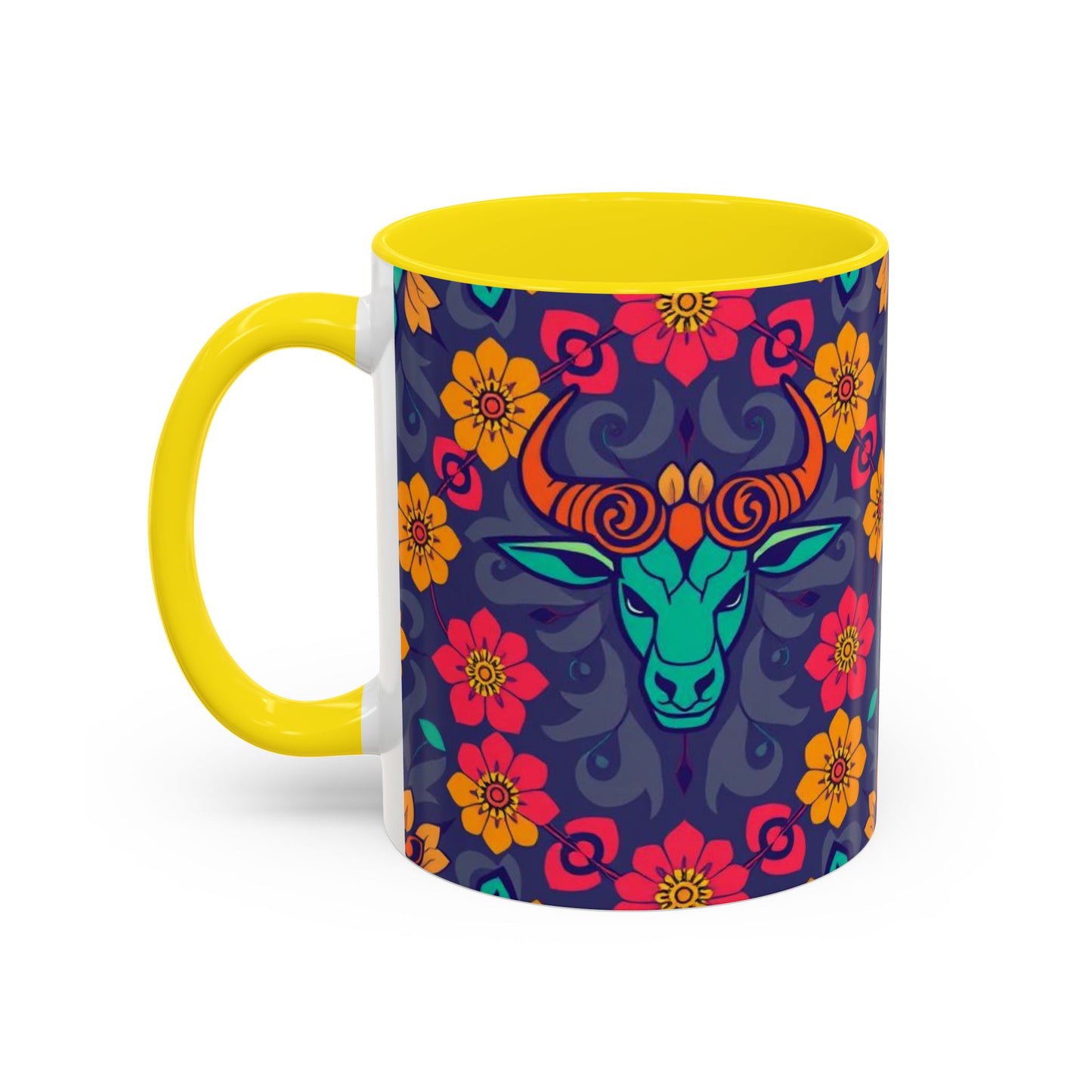 Accent Coffee Mug, Taurus, Zodiac. Flower Pattern, (11, 15oz)