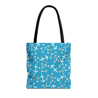 Tote Bag, Sagittarius Zodiac Sign, AOP, (Turquoise, White Print)