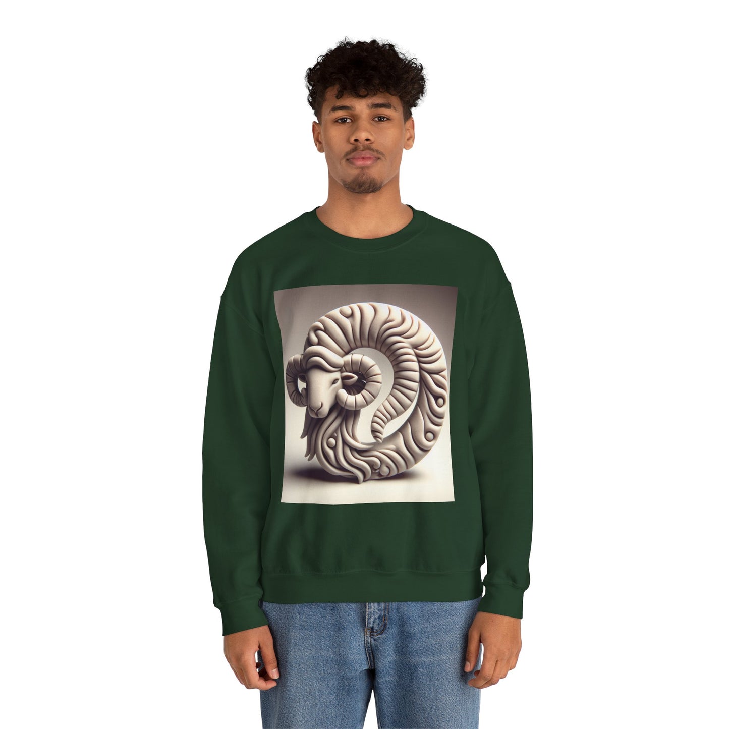 Unisex Heavy Blend™ Crewneck Sweatshirt, Round Statue, Aries Zodiac Design