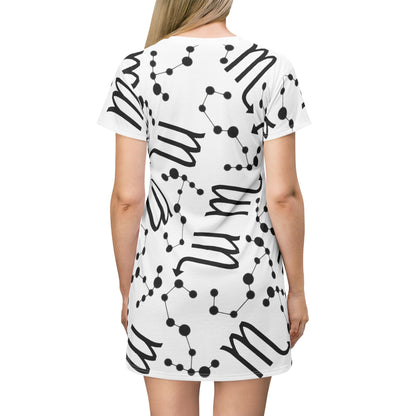 T-Shirt Dress (AOP), 100% Polyester, White thread color, Scorpio Zodiac design