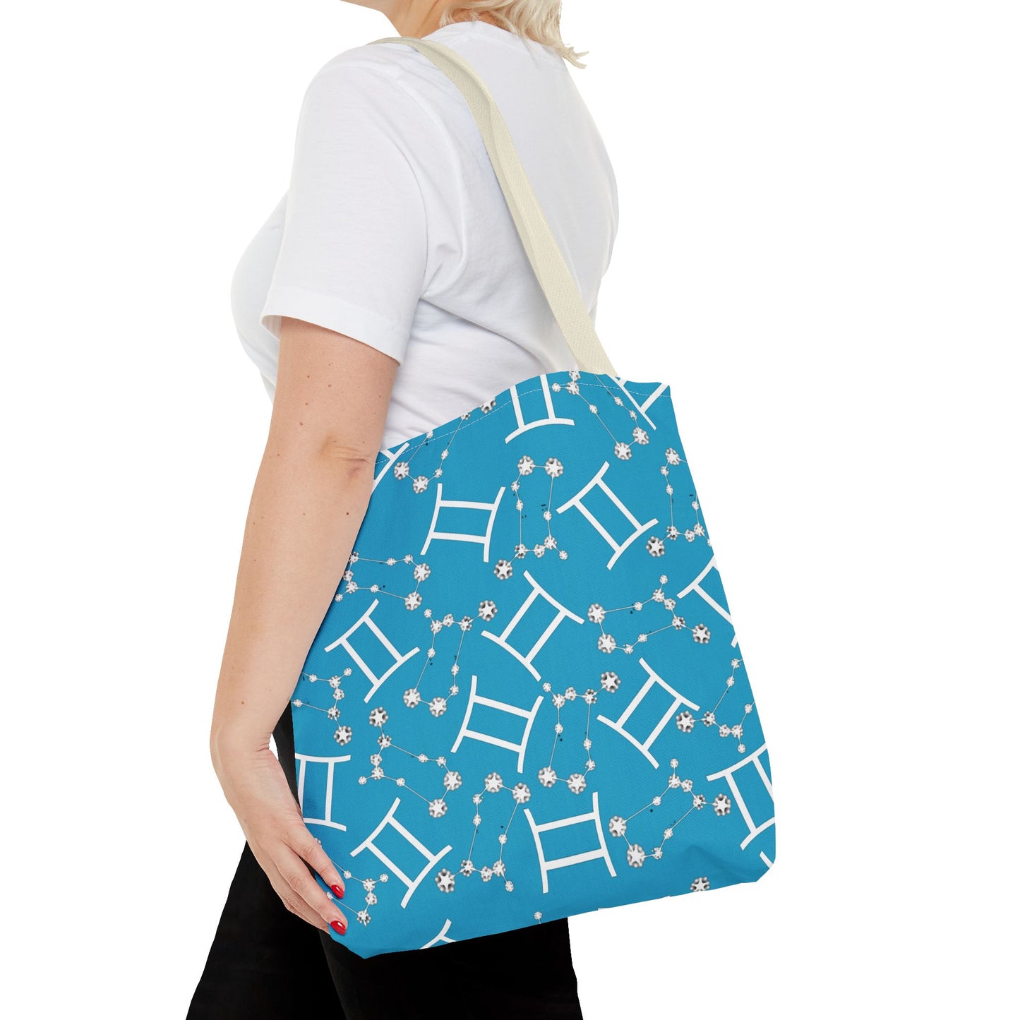 Tote Bag, Gemini Zodiac Sign, AOP, (Turquoise, White Print)