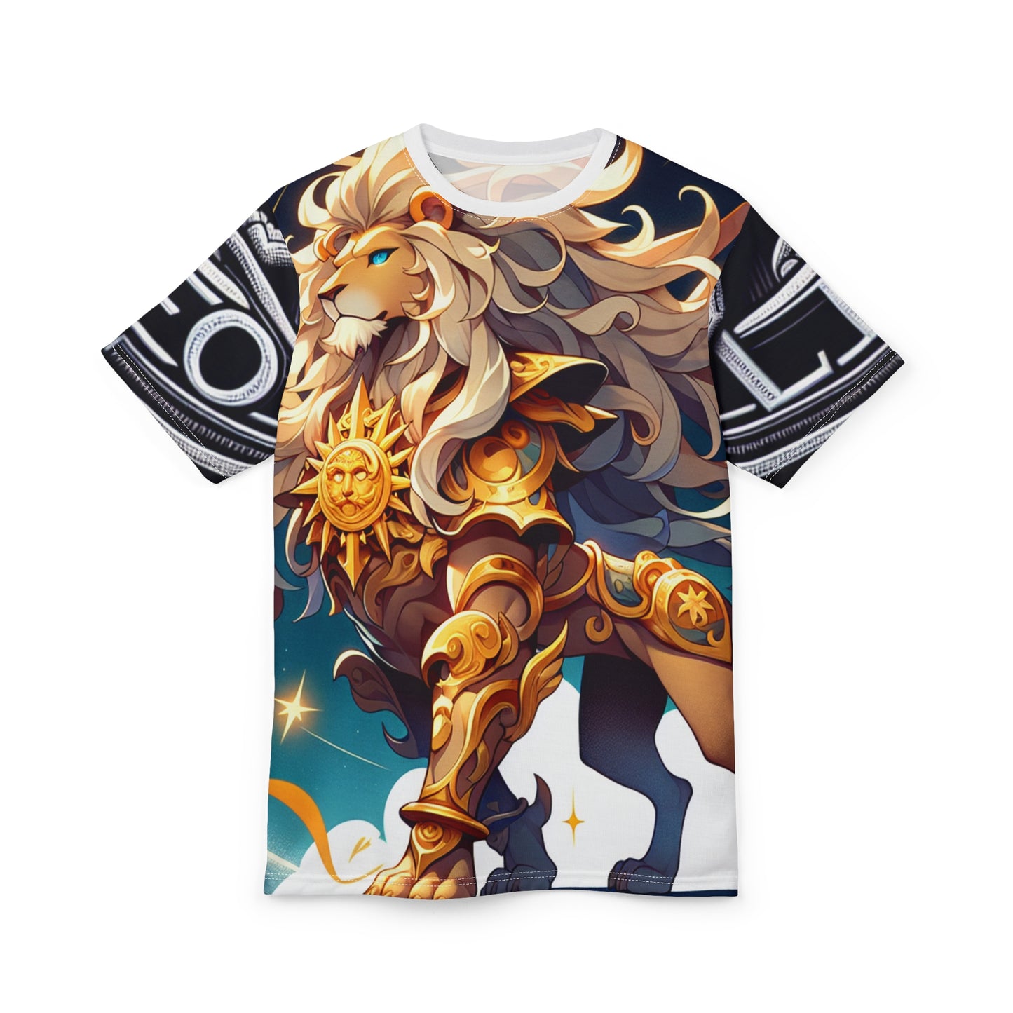 Unisex Cut & Sew T-Shirt (AOP), Armored Lion, Leo Zodiac Design, Regular fit, 100% Polyester