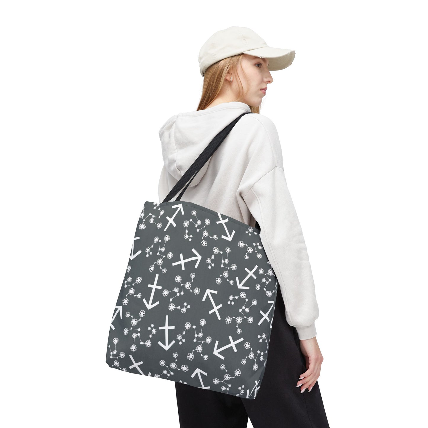Tote Bag, Sagittarius Zodiac Sign, AOP, (Grey, White Print)