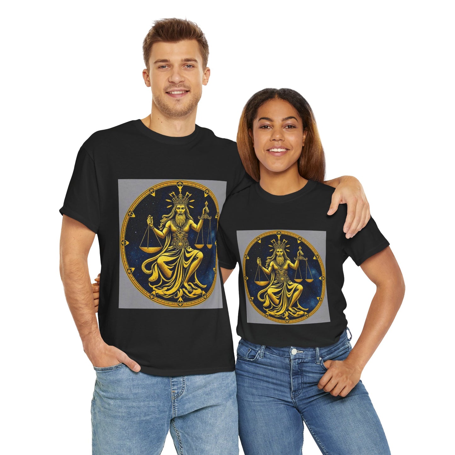 Unisex Heavy Cotton T-Shirt, Gold v1, Libra God, Zodiac Design
