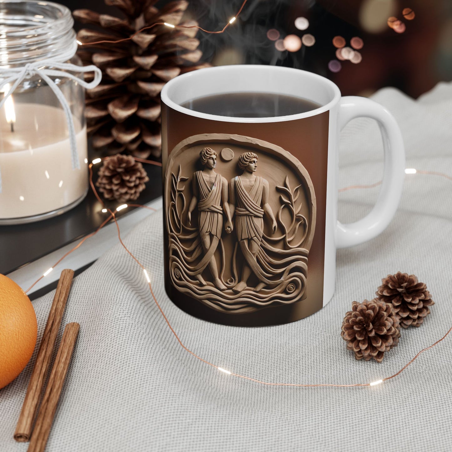 Ceramic Mug, (11oz, 15oz), Ceramic Coffee Mug, Statue Gemini Zodiac Design