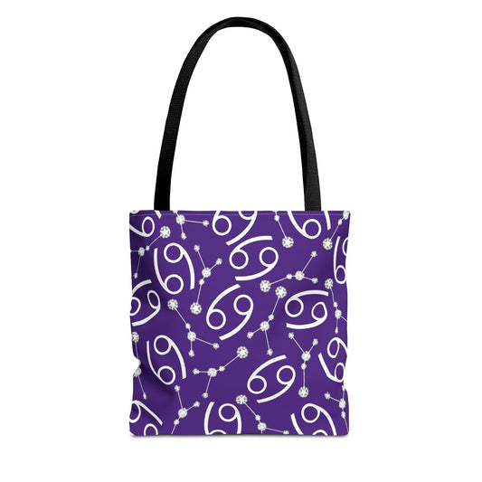 Tote Bag, Cancer Zodiac Sign, AOP, (Purple, White)