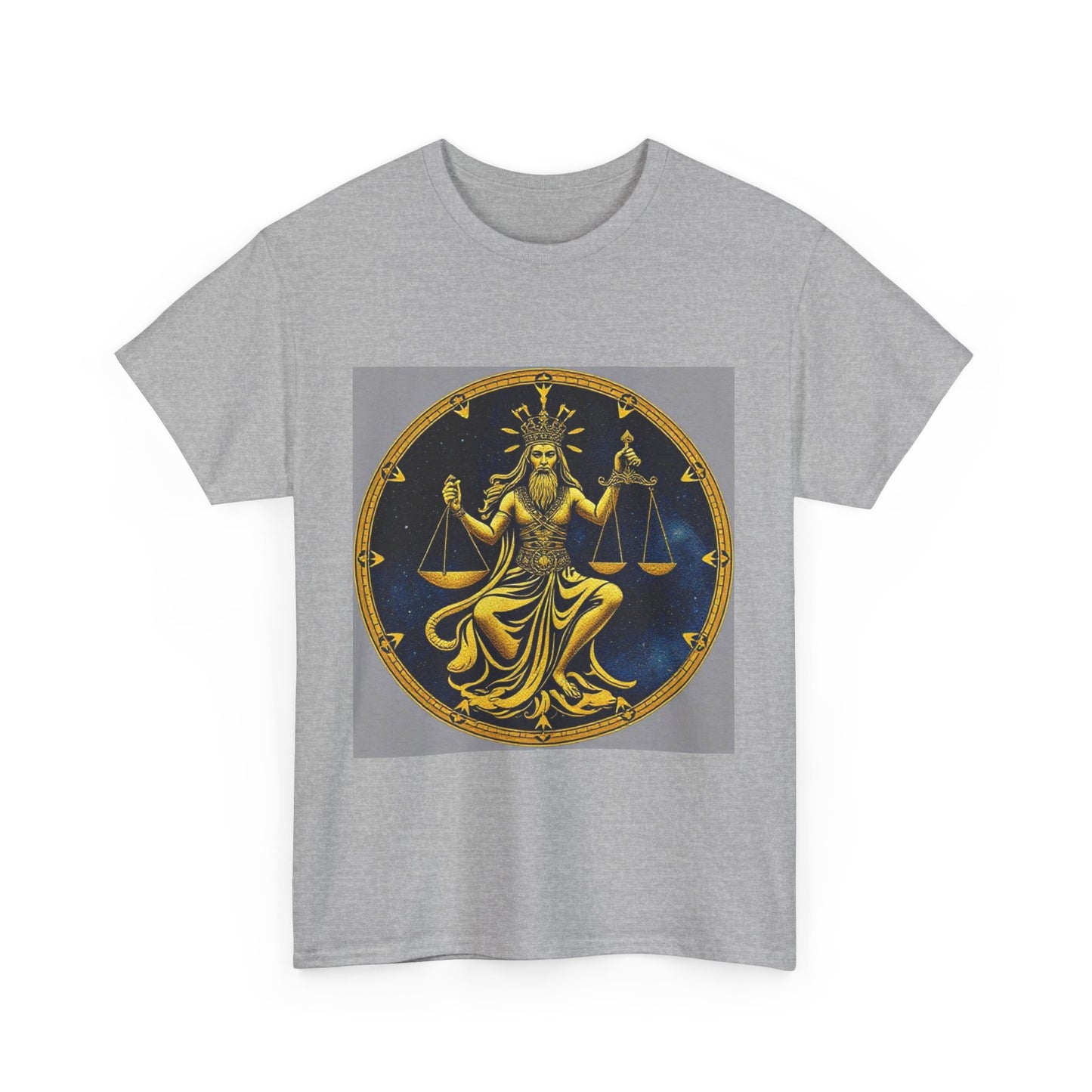 Unisex Heavy Cotton T-Shirt, Gold v1, Libra God, Zodiac Design