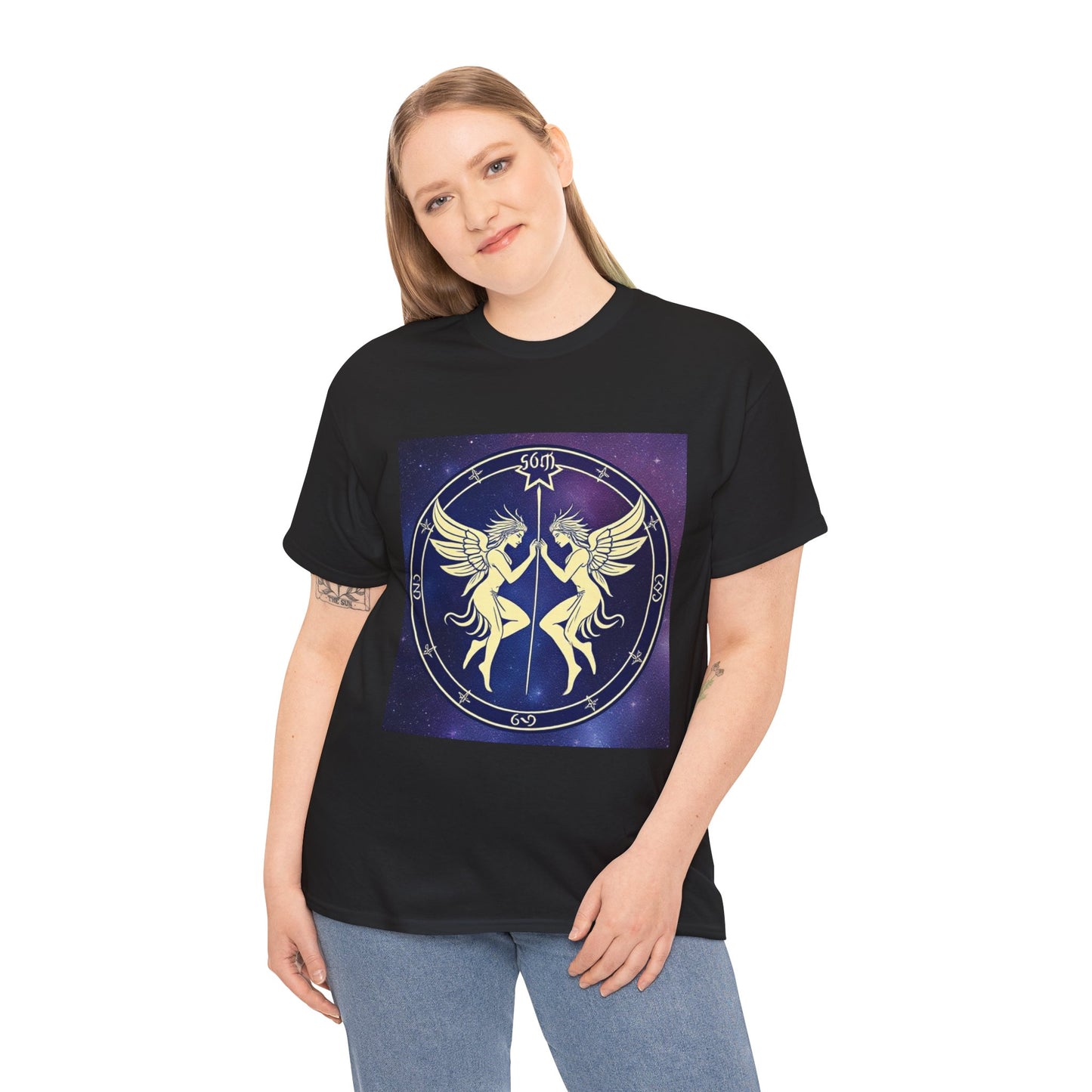 Unisex Heavy Cotton T-Shirt, Space Angel Twins v1, Gemini Zodiac Design