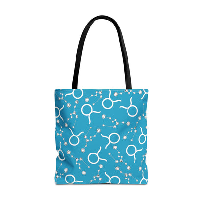 Tote Bag, Taurus Zodiac Sign, AOP, (Turquoise, White)