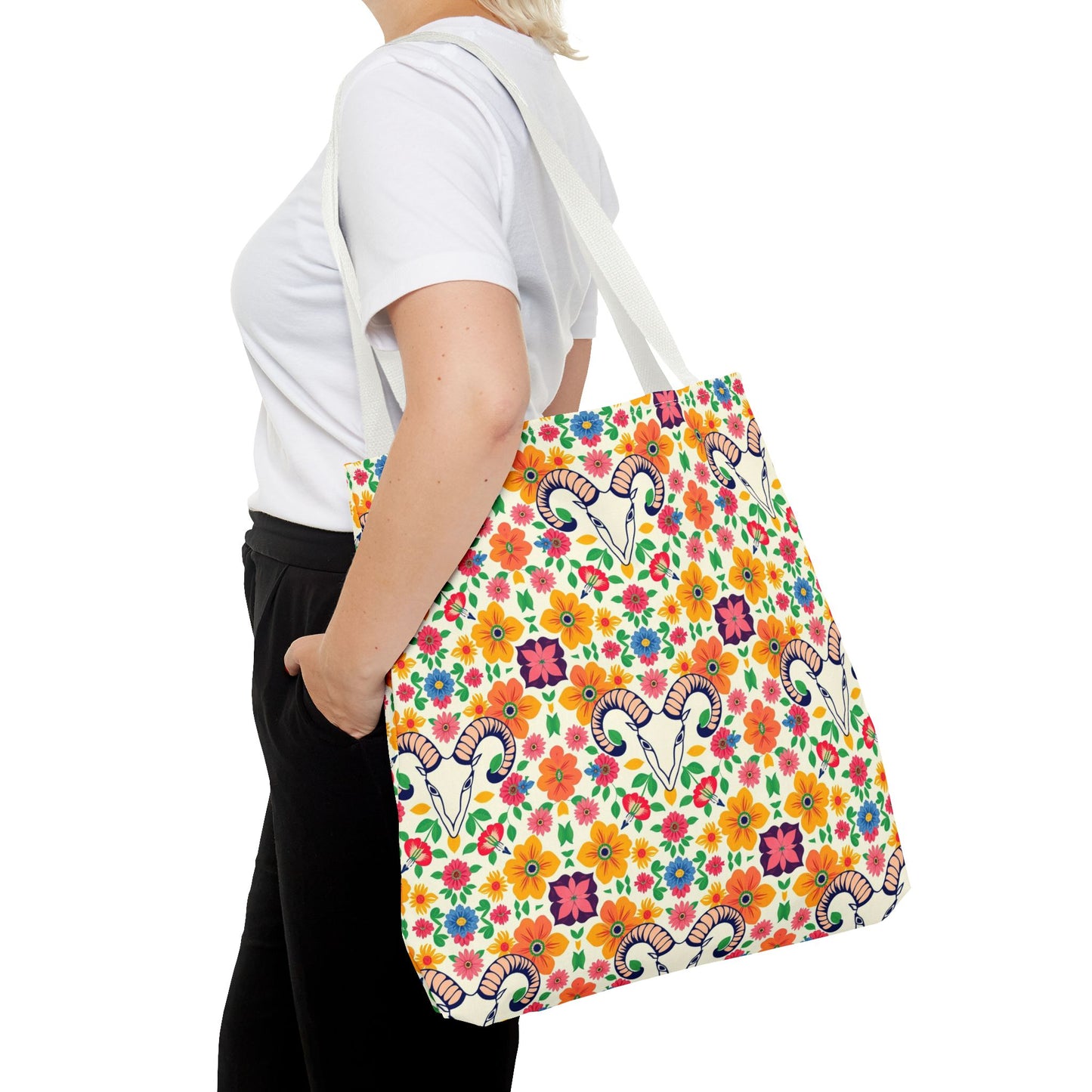 Tote Bag, (AOP), Aries, Zodiac v2, Flower Pattern