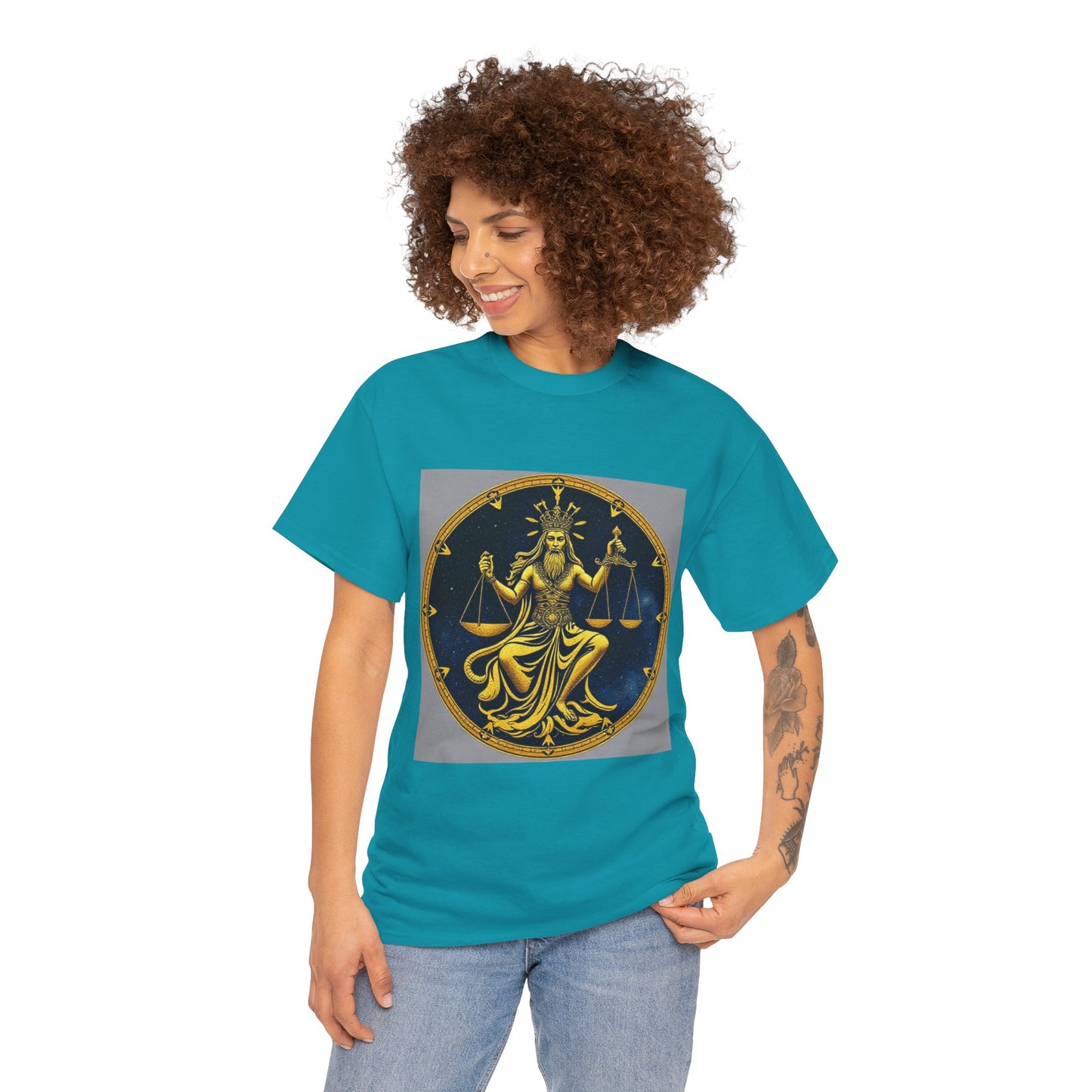 Unisex Heavy Cotton T-Shirt, Gold v1, Libra God, Zodiac Design