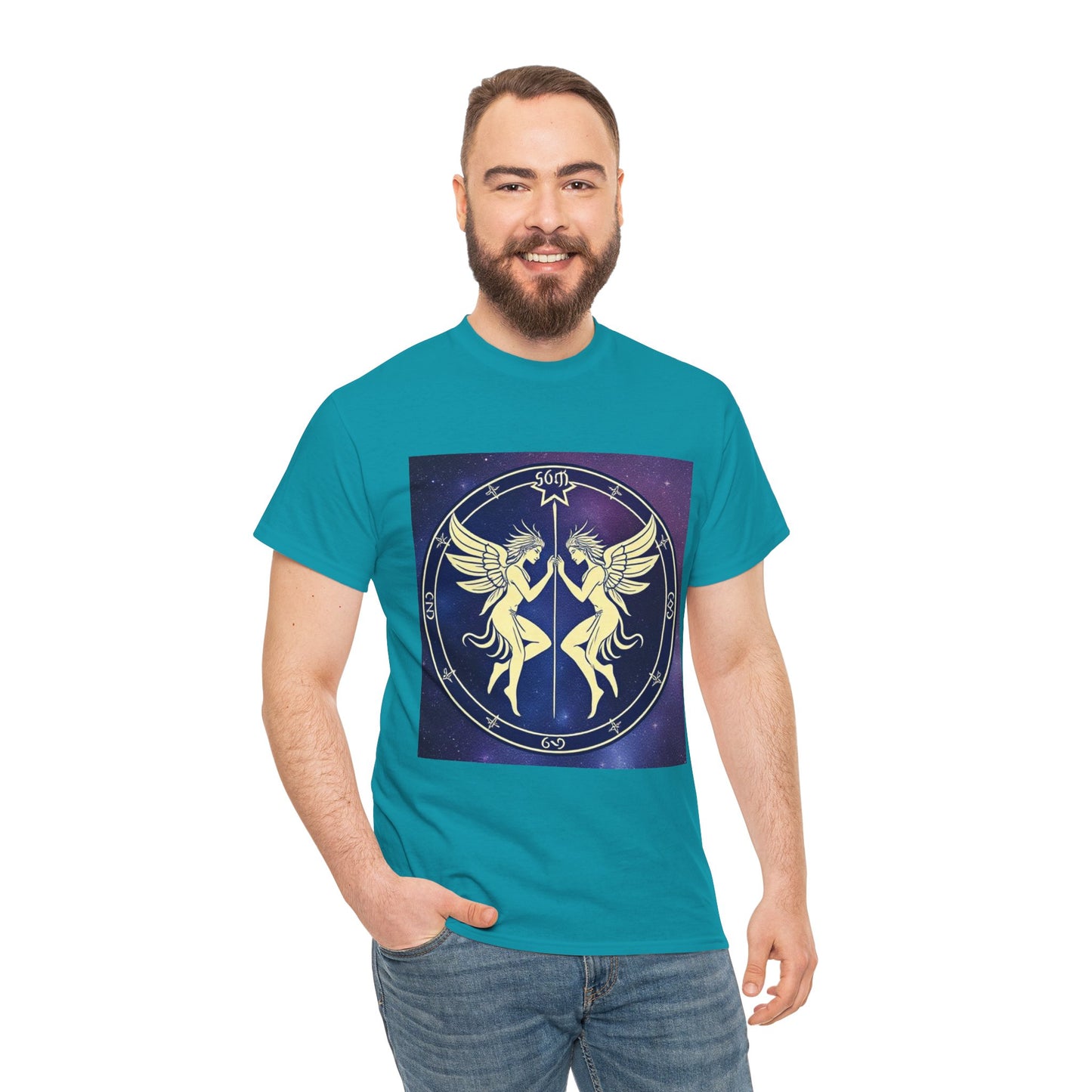 Unisex Heavy Cotton T-Shirt, Space Angel Twins, Gemini Zodiac Design