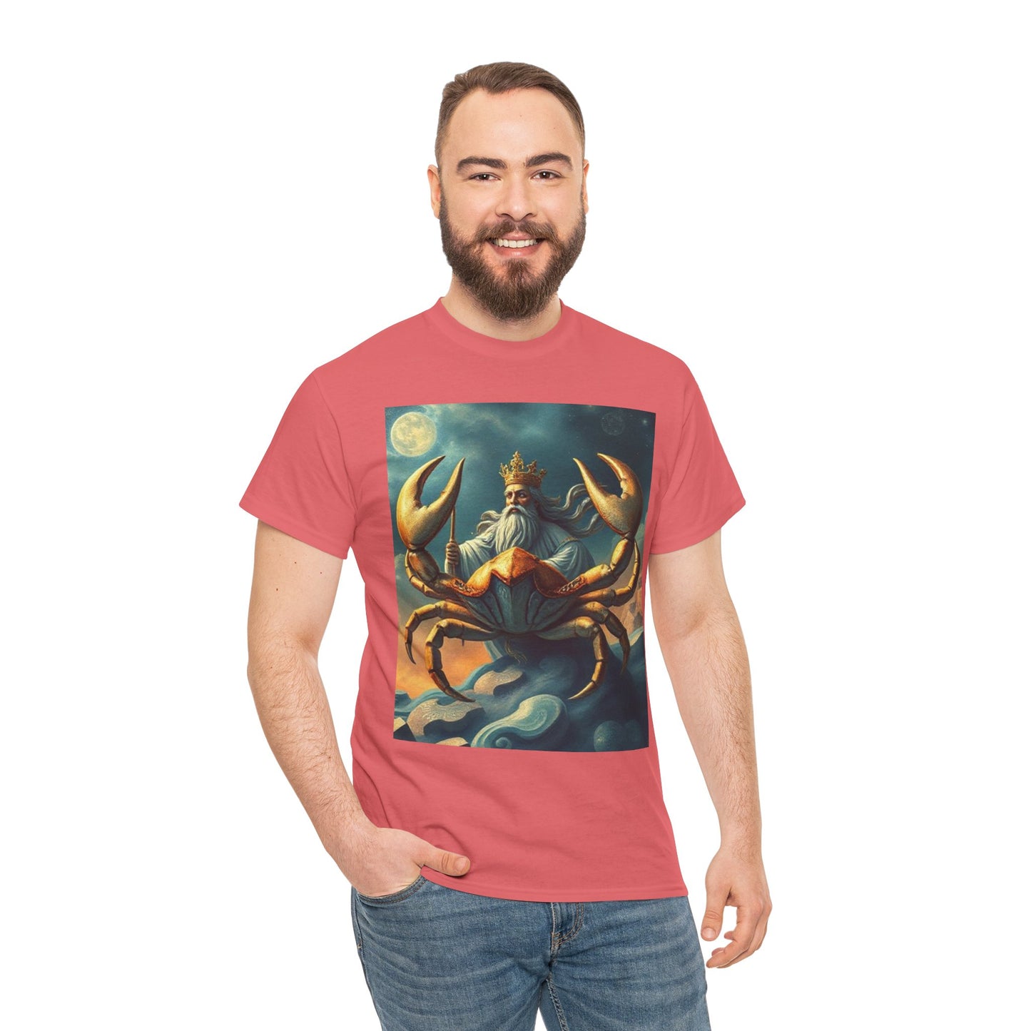 Unisex Heavy Cotton T-Shirt, Crustacean King v1, Cancer Zodiac Design