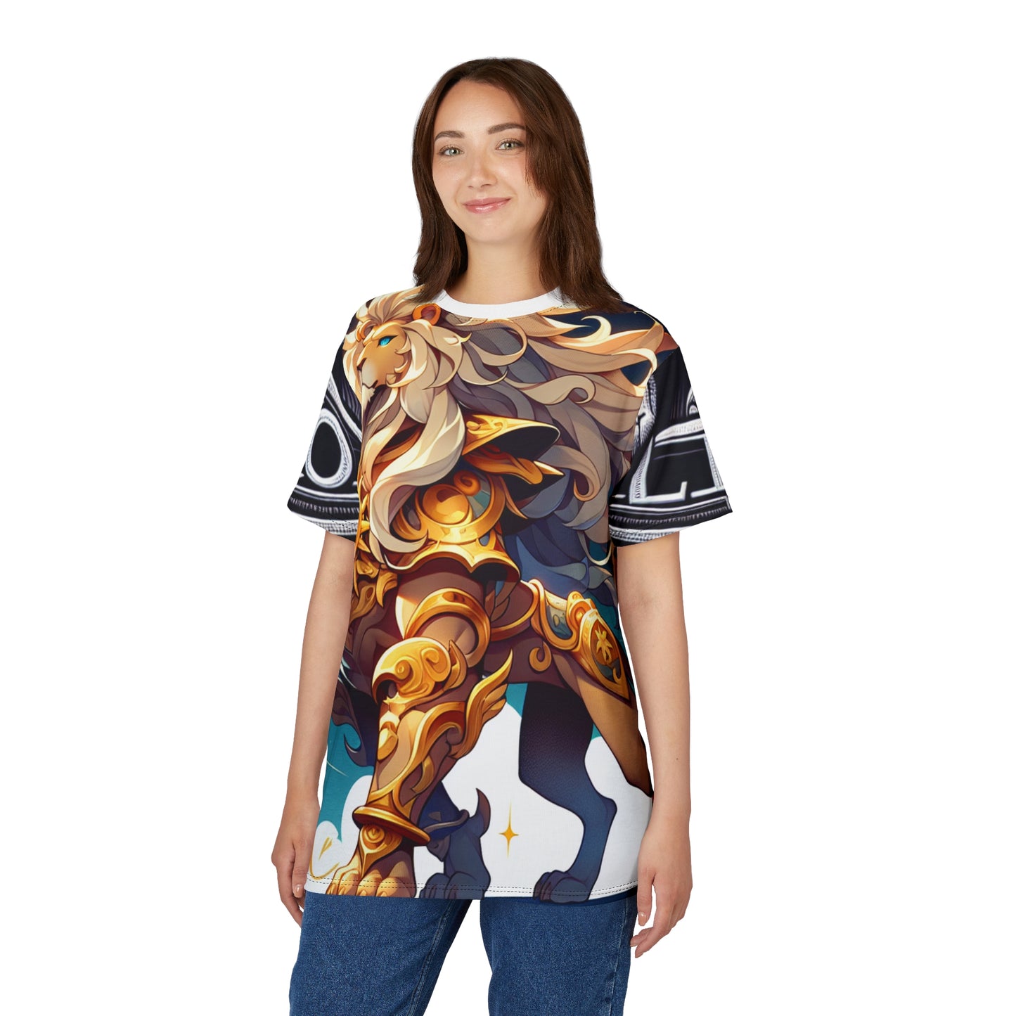Unisex Cut & Sew T-Shirt (AOP), Armored Lion, Leo Zodiac Design, Regular fit, 100% Polyester