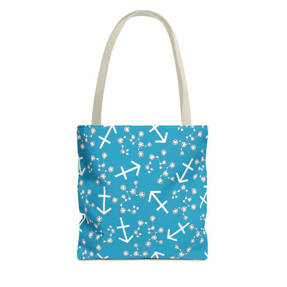Tote Bag, Sagittarius Zodiac Sign, AOP, (Turquoise, White Print)