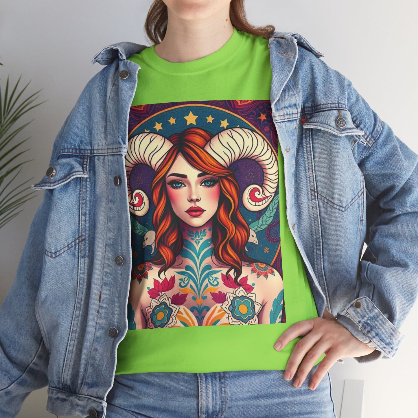 Unisex Heavy Cotton T-Shirt, Aries, Zodiac v1, Sexy Art