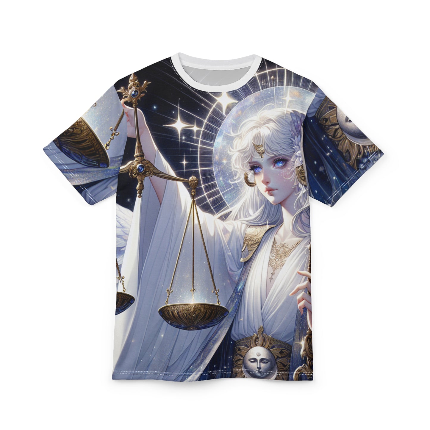 Unisex Cut & Sew T-Shirt (AOP), Angel with Scale, Libra Zodiac Design, Regular fit, 100% Polyester