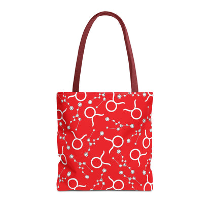 Tote Bag, Taurus Zodiac Sign, AOP, (Red, White)