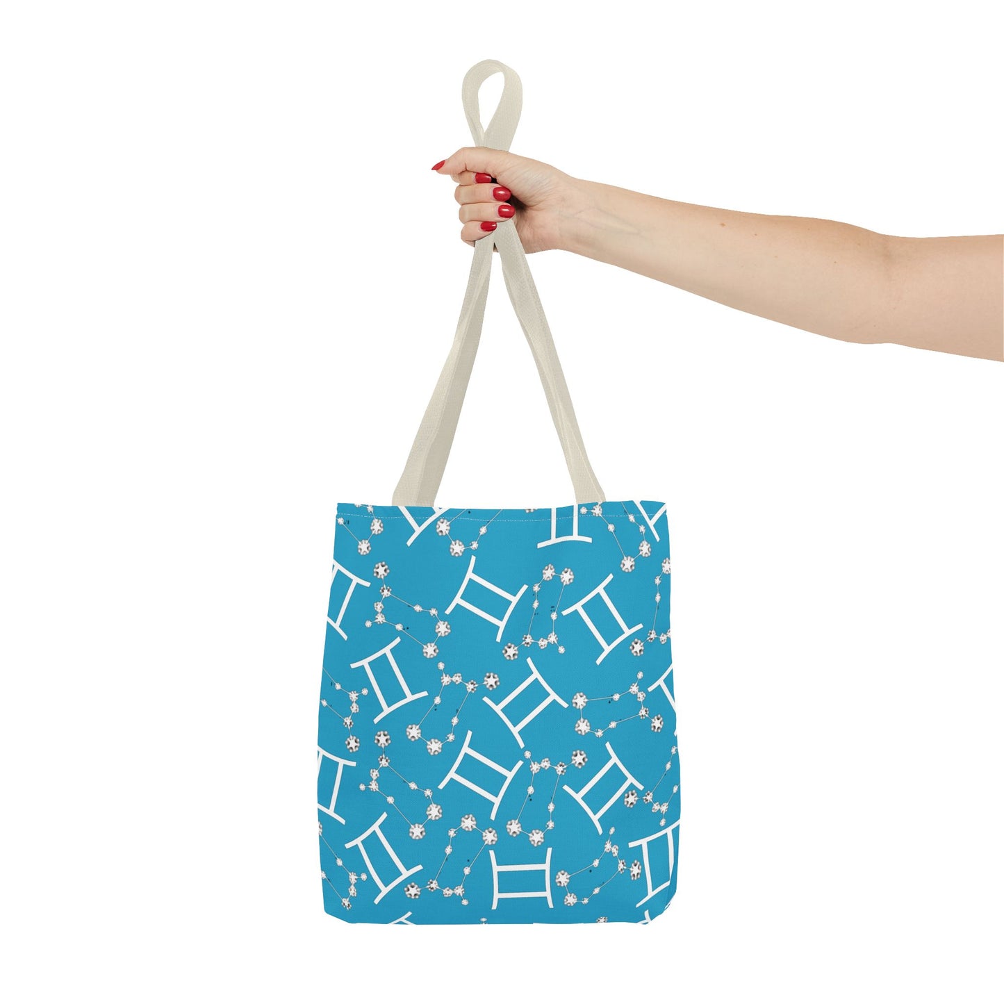 Tote Bag, Gemini Zodiac Sign, AOP, (Turquoise, White Print)