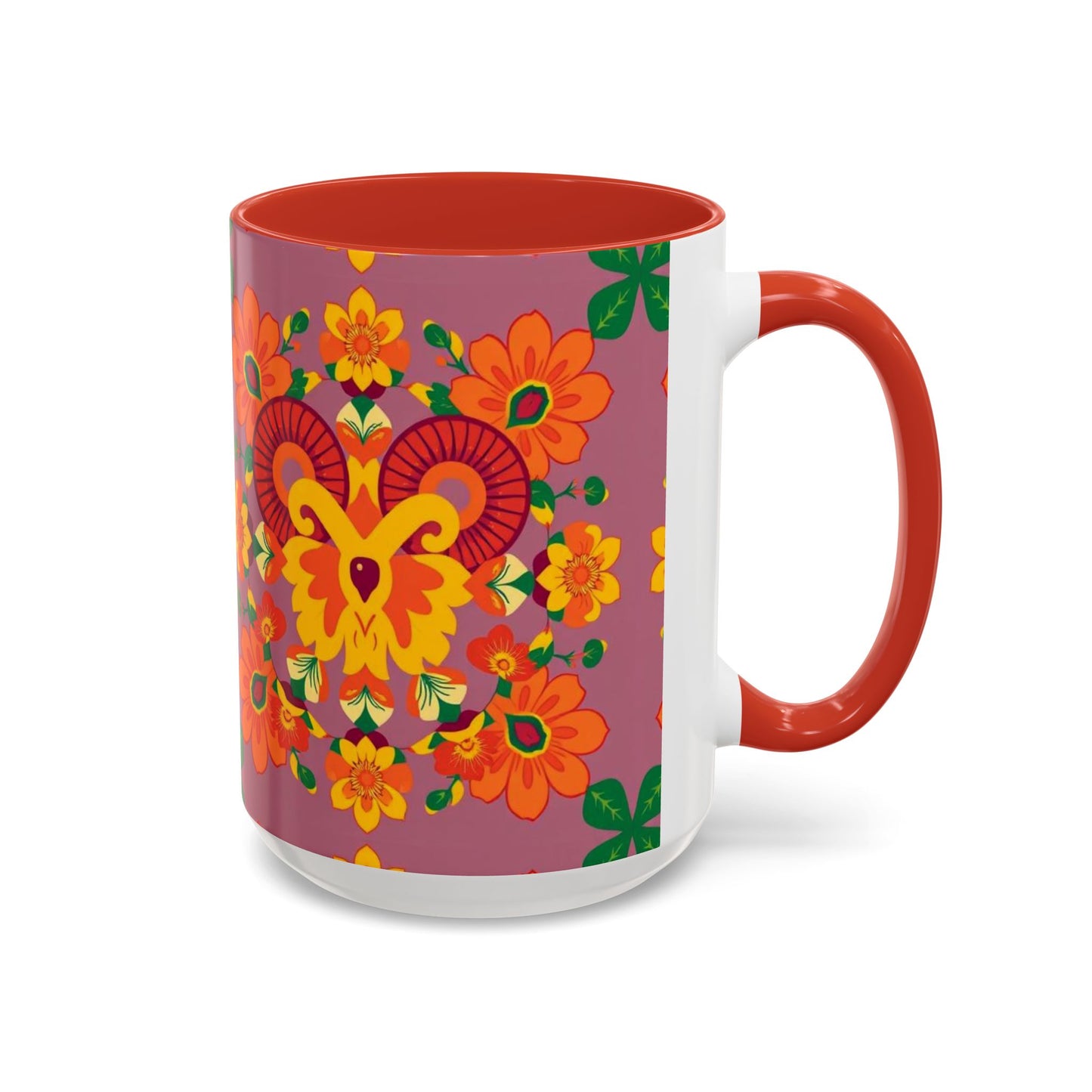 Accent Coffee Mug, Aries, Zodiac v1, Flower Pattern, (11, 15oz)